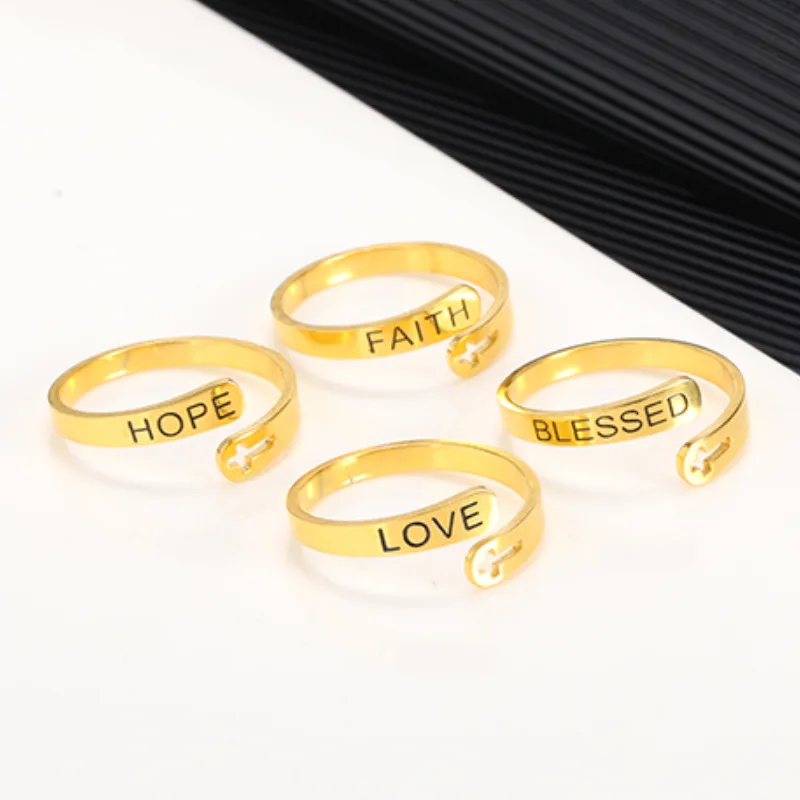 JY Go Party Stainless Steel Ring Hollow Cross Open Adjustable Rings FAITH BLESSED HOPE LOVE Eternity Wedding Band Promise Rings