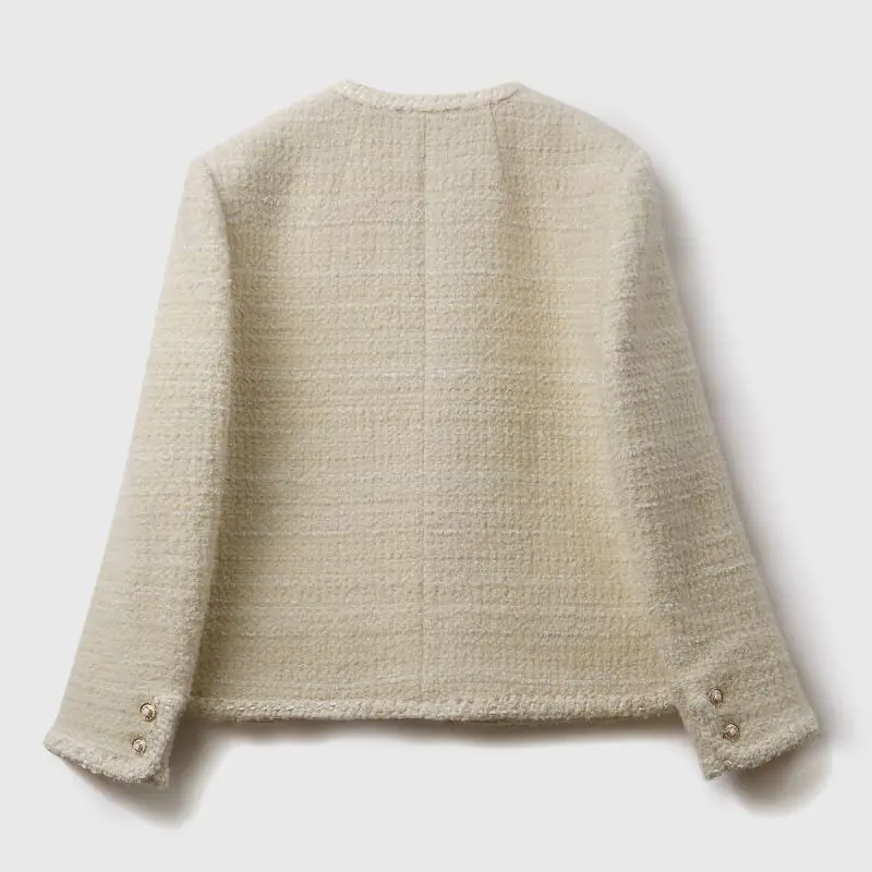 New Arrivals Autumn Beige Coat Tweed Fabric With Lining Jackets Tops Ladies Blazer Leisure Two Pockets Short Coat Women