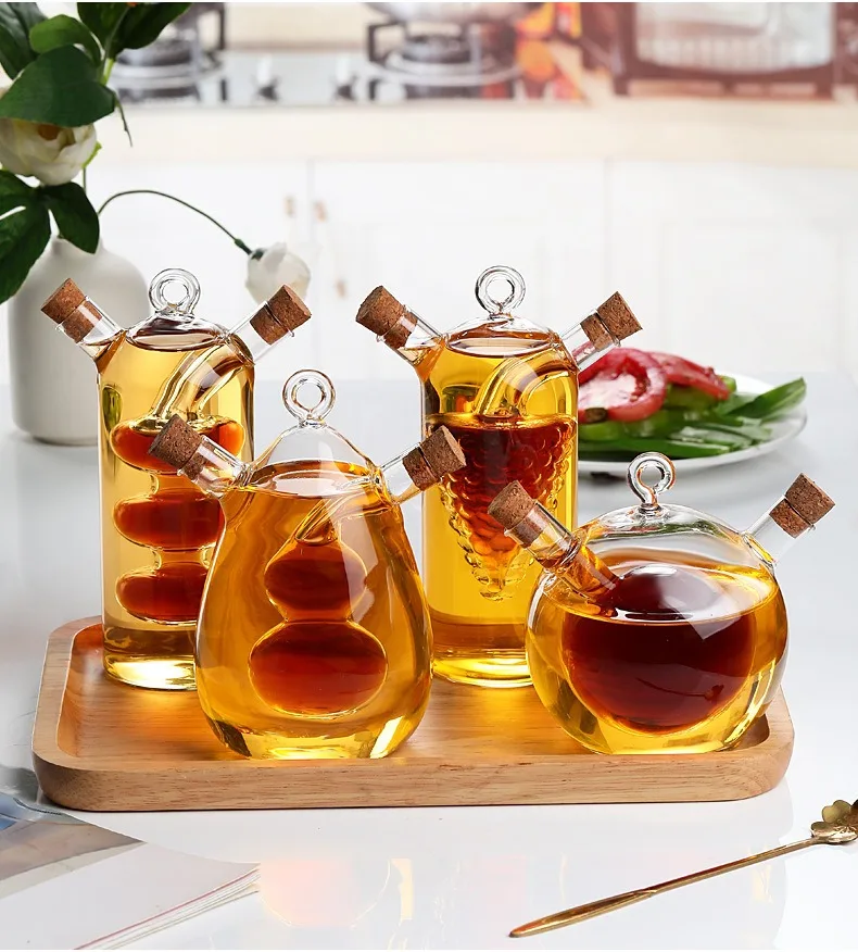 2-in-1 Double layer sauce oil vinegar condiment seasoning sealed glass bottle kitchen glass storage bottles jars