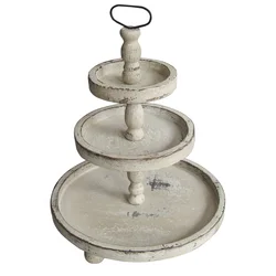 Lukcywind Shabby Chic Farmhouse Wood White Wash Heavy Duty Kitchen 3 Tier Round Tray