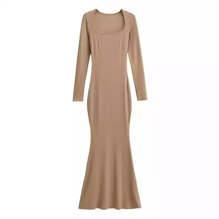 2023 new design arrival dress cotton ribbed long sleeves square neck floor length maxi bodycon dress Fall Winter lounge dress