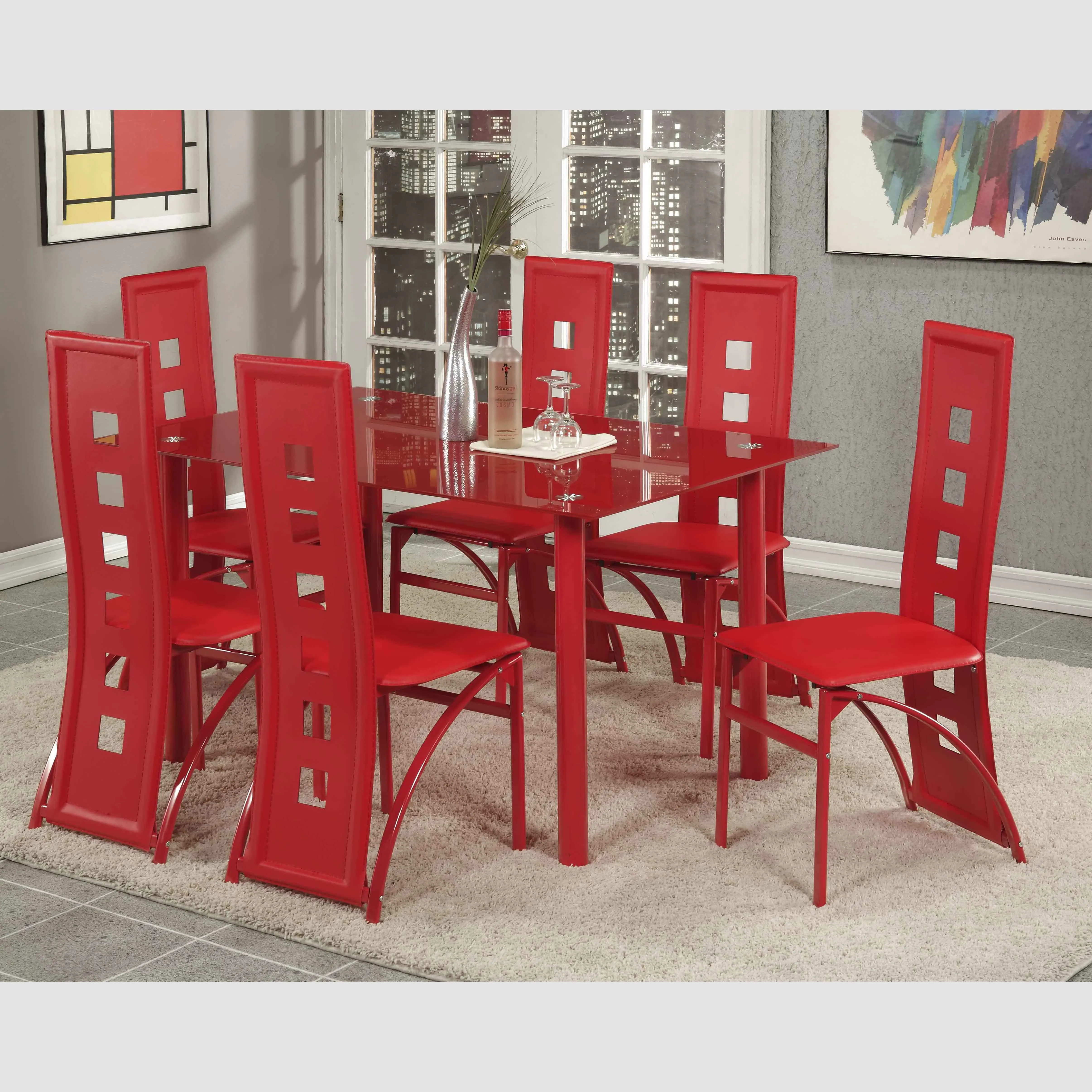 Wholesale glass top dining table and chairs set with 6 PU chairs