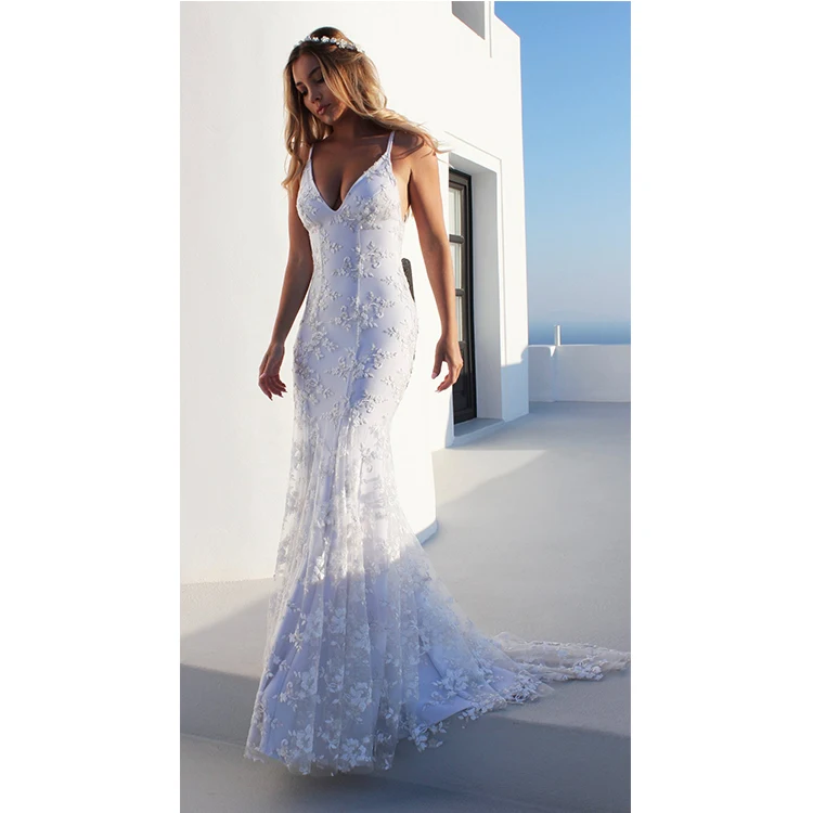 
Floral Embroidery Lace Prom Dress Elegant Floor Length Bridal Gowns Sexy Womens White Wedding Dress 