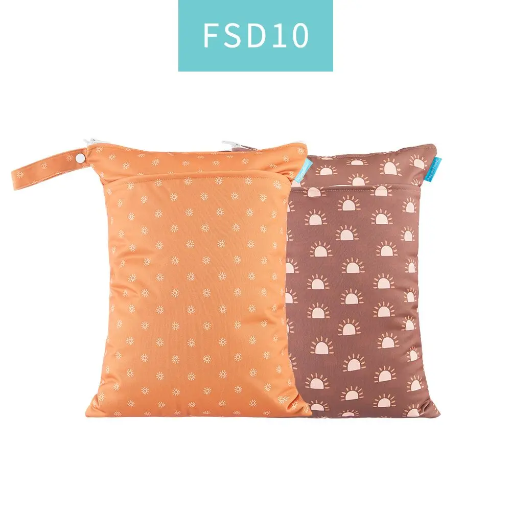 Happyflute 2-Pack Tote Polyester Baby Cloth Diaper Wet Dry Bags Waterproof Reusable with Two Pockets Logo Pattern for Swimwear