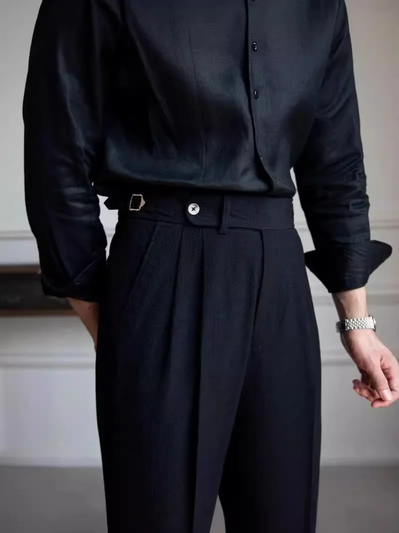 MCP053 Italian Style Mens Naples Trousers High Waist Side Buckle Pant Fitness Double Pleated Mens Business formal Pants