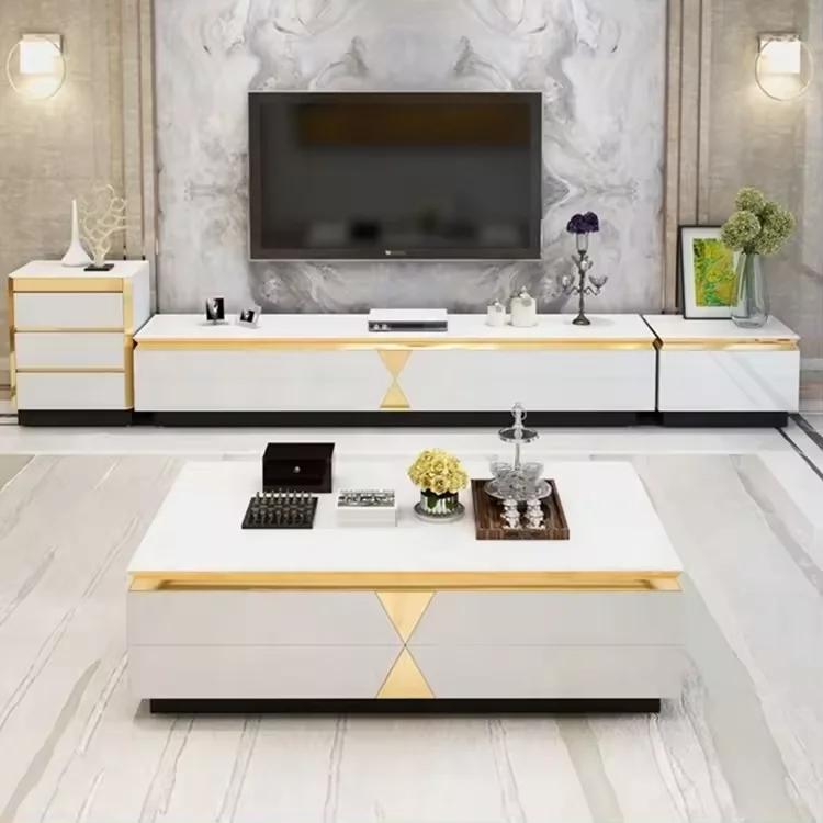 Living room furniture tv cabinets modern luxury tv stand and coffee table set with drawer