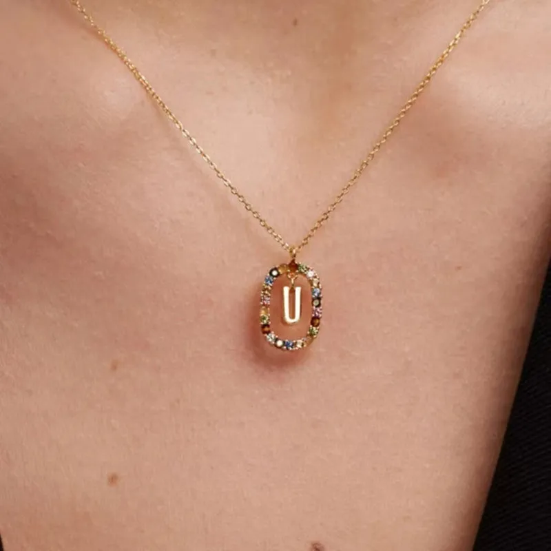 Trendy Gemstone Alphabet Necklaces 925 Sterling Silver Initial Letter Gold Plated Colorful Zircon Pendant Necklaces Wholesale