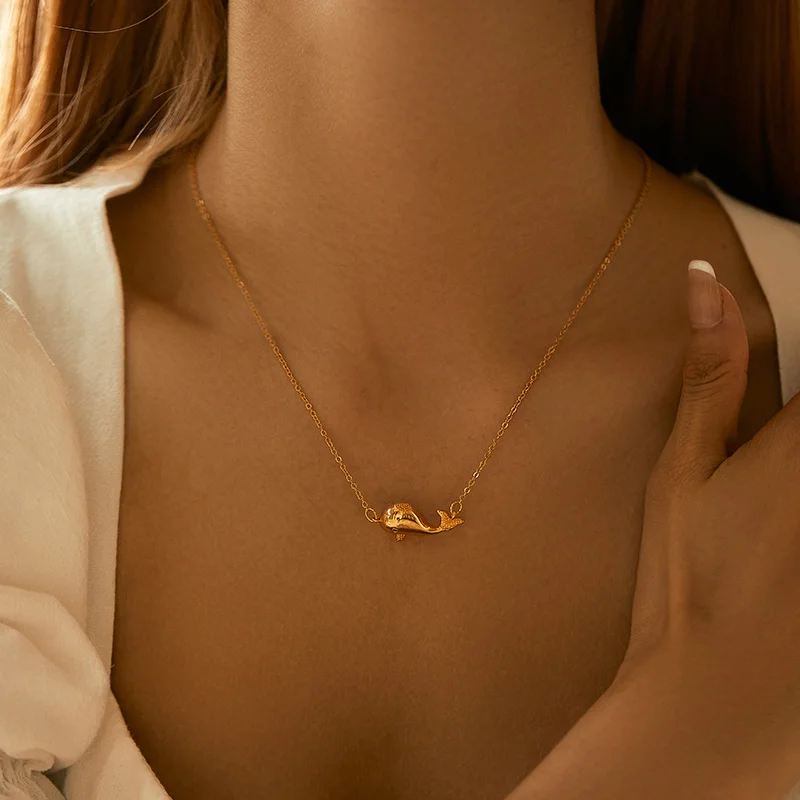 Animal Element Dolphin Pendant Design Necklace Modern Minimalist Style Brass 18K Real Gold Necklace