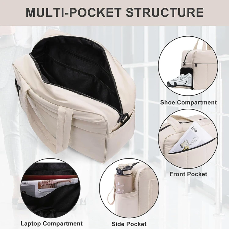 Travel Duffel Puffer Tote Bag Quilted Cotton Gym Bag Women Carry on Light Winter Padded Shoulder Bag with Shoe Compartment