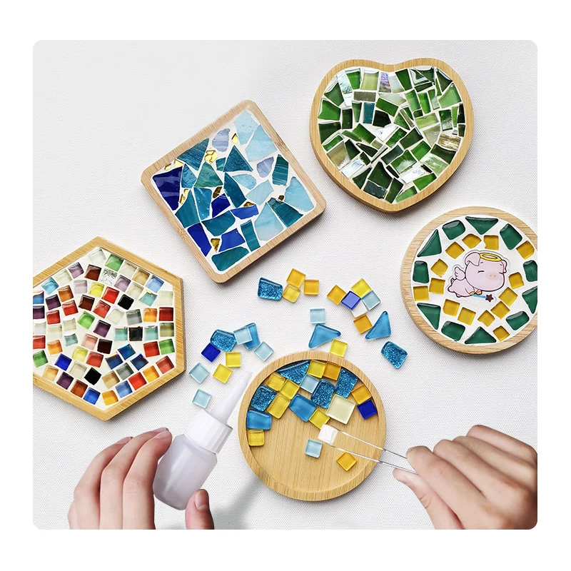 Wholesale DIY Glass Mosaic Tiles Crafts Mixed Color Kits Wooden Coaster Adults Home Decor Novelty Creative Home Decoration