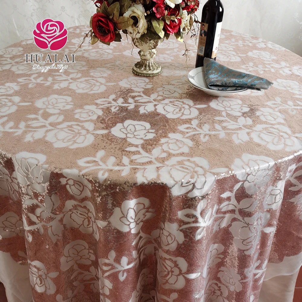 BEAUTIFUL FLOWER DESIGN WHITE AND CHAMPAGNE SEQUIN CUSTOM TABLE OVERLAY CLOTH FOR WEDDING