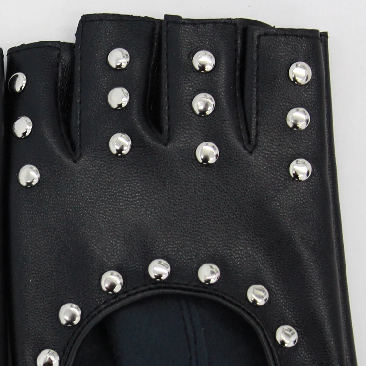 
Ladies Fitness Faux Leather PU Metal Rivet Summer Non-slip Free Size Sports street dance stage Half finger Gloves 