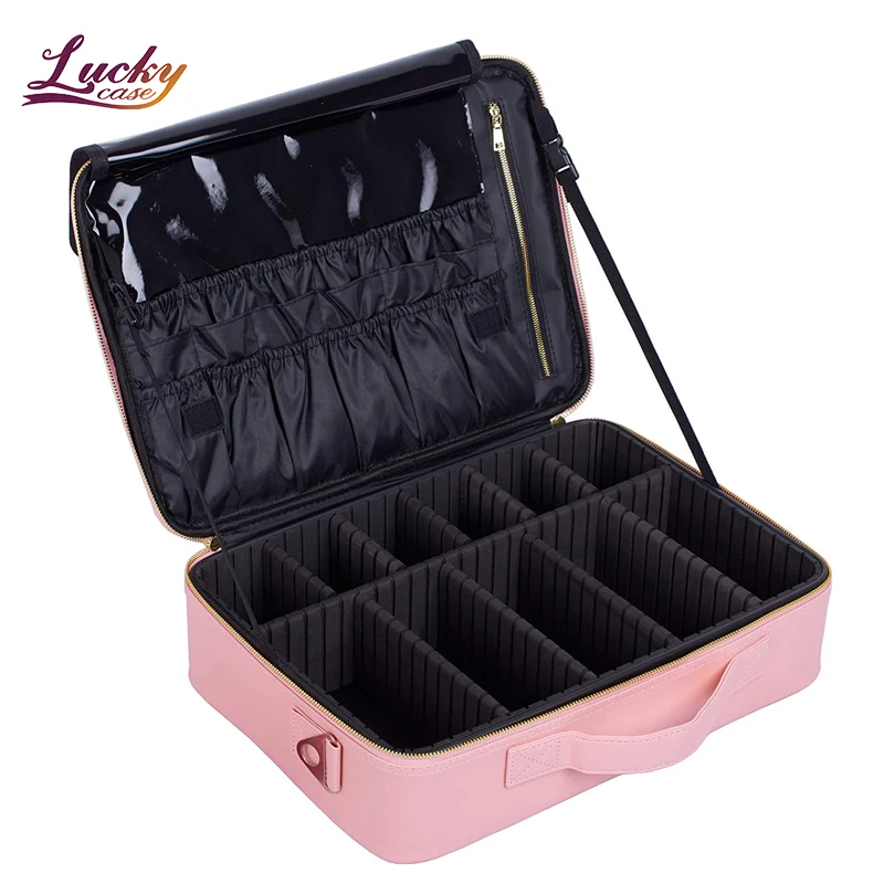 Large Cosmetic Makeup Bag Professional Artist Bag Barber Train Cases with Adjustable Compartment Carrying on Luggage,Pink
