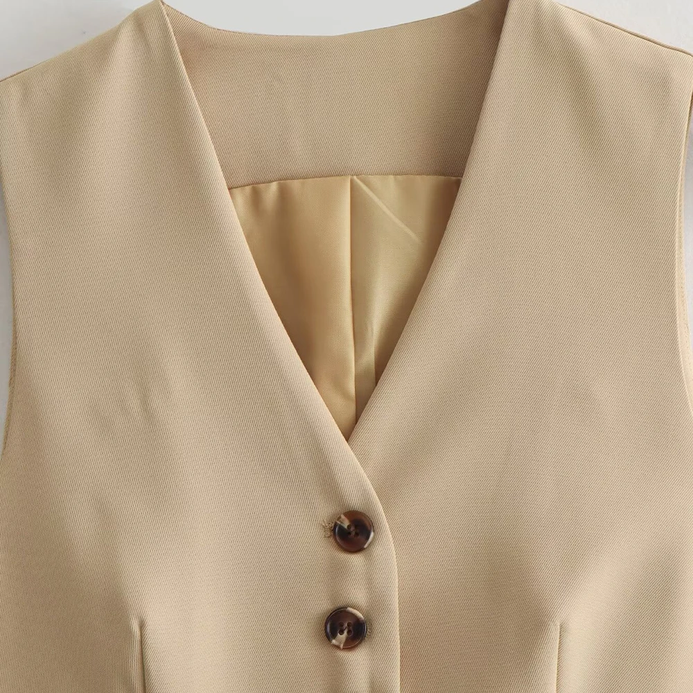 PB&ZA Women 2024 summer New Fashion Long khaki vest Vintage V Neck Button-up Female Waistcoat Chic Tops