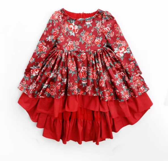 Hot Sale Kids Corduroy Party Dress Girls Flower Printing Little Girls Fancy Dresses for 3-10 Years Old