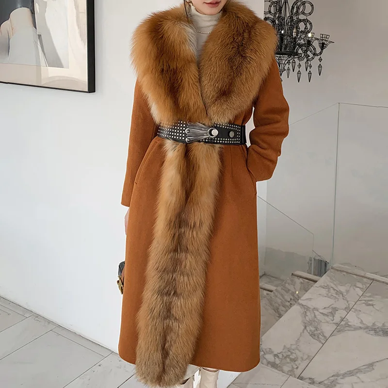 Women Luxury Wool Coat with Big Fox Fur Collar Cashmere Wool Long Coat for Women