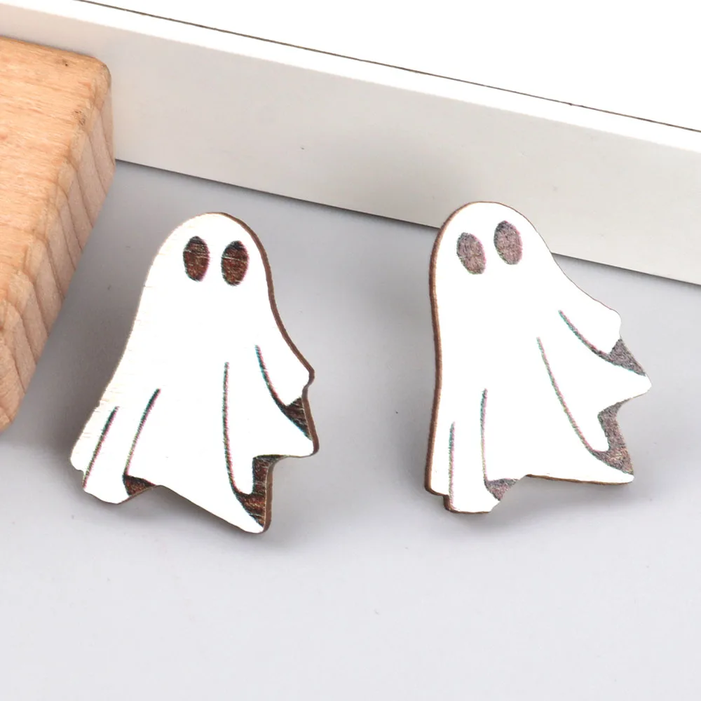 Wholesale 2024 New Cute Ghost Skeletons Party Jewelry Printed Simple Spooky Wooden Stud Earrings for Women Girls Halloween