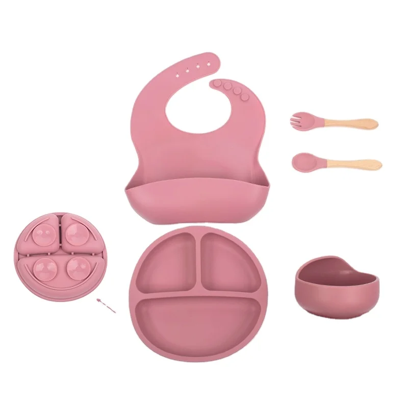 BPA Free Toddler Dinnerware 5 Piece Baby Plate Set Plate With Bowl Spoon And Silicone Bib For Babies