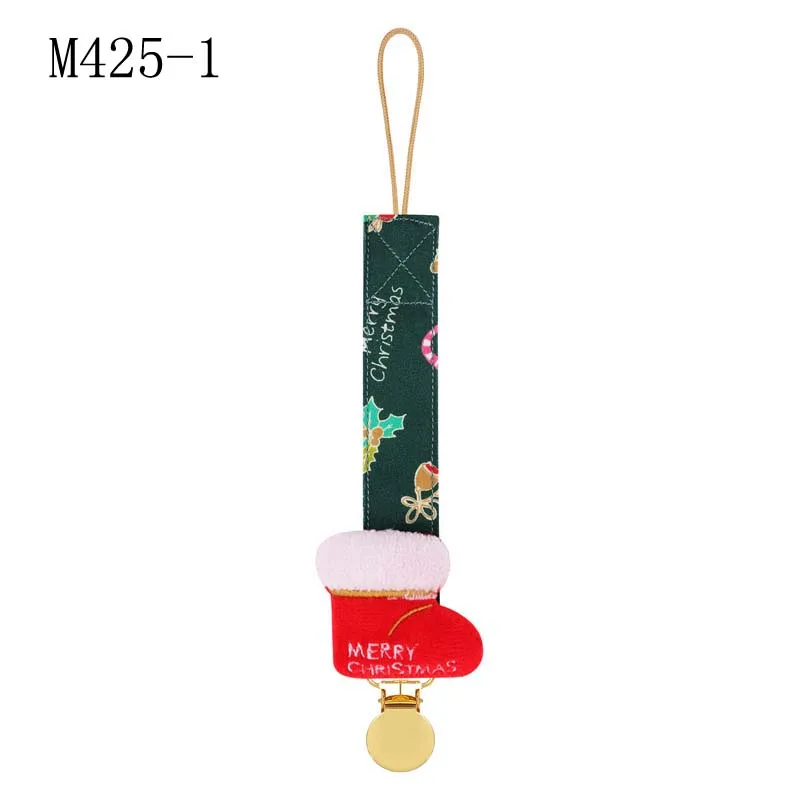 Cotton Fabric beech wood clip with Christmas stocking baby Pacifier clips chain Newborn pacifier clips holder