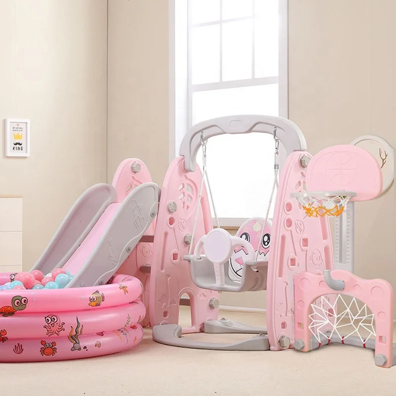 2022 fashion Multifunctional plastic basketball slide swing set basketball hoop children slide and swing for kids