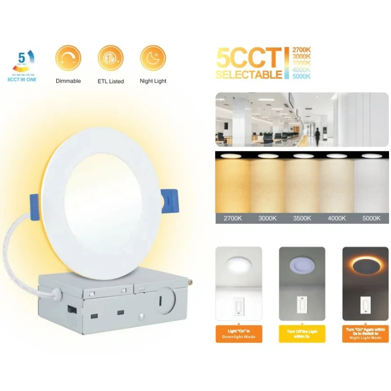 2_Hotel light 9w 12w led panel lamp with junction box 120V 5 CCT With Night light,ETL/FCC Certification