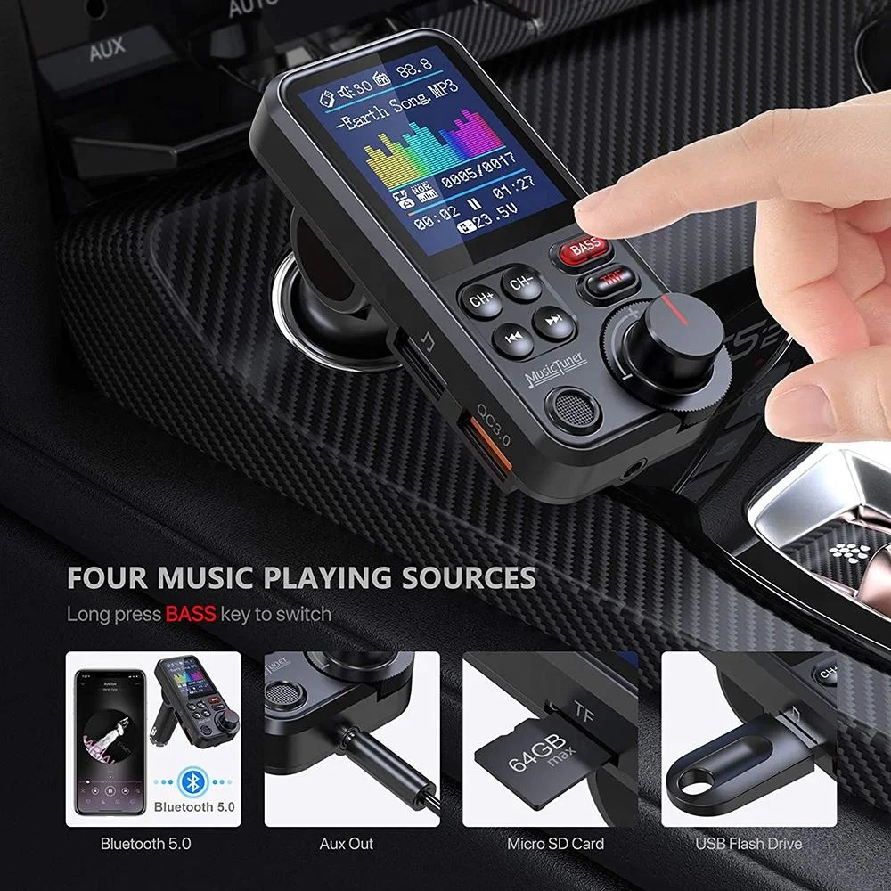 1.8 Color Screen Bluetooth Car Hands Free Calls QC3.0 Charge Bass Sound Music Bluetooth FM Transmitter for car MP3 player