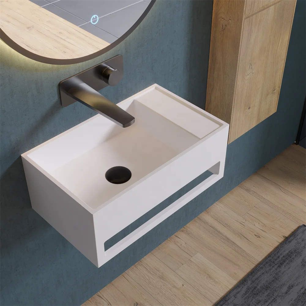 Hot Sale wall hanging basin Artificial Stone Bathroom Sink Modern Rectangular Solid Surface Basin Custom Capacity for Washing