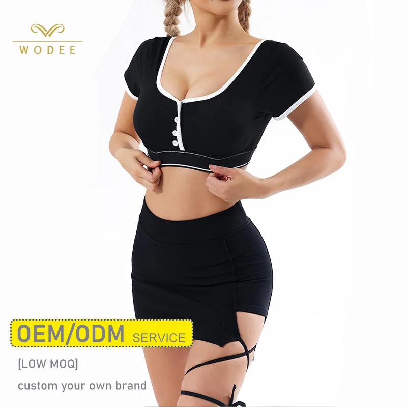 Custom Fashion Crop Tops Strappy Dress Summer Sportswear 2 Piece Women Gym Fitness Set