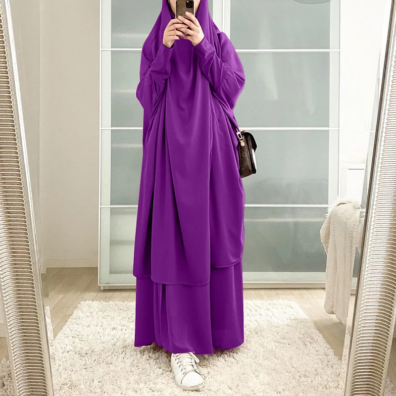 New Arrivals Plain Color Chiffon 2 piece Closed Abaya Set with Hood Silk Islamic Clothing Women Black Muslim Pants Long Dress