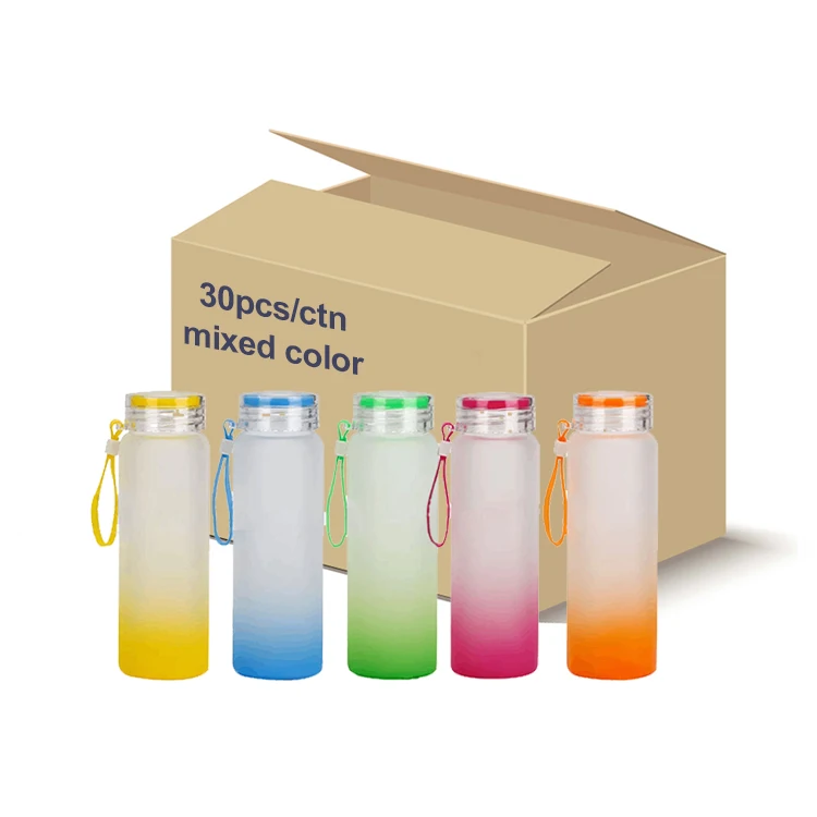 Hot Sale wholesale 17oz sublimation Frosted gradient colorful sublimation ombre glass water bottle with portable lid
