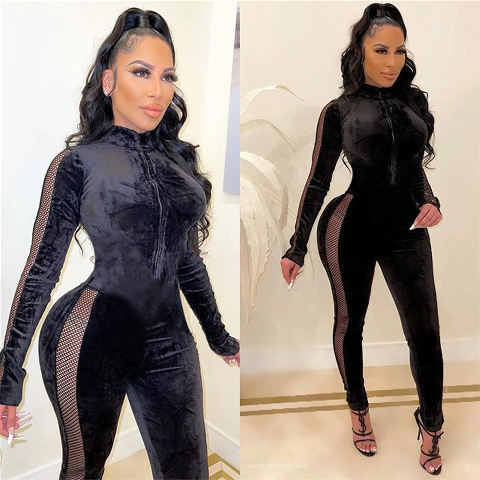 New Arrival Solid color thicken Velvet mesh splicing women bodysuits fall long sleeve Zippers velvet jumpsuit woman