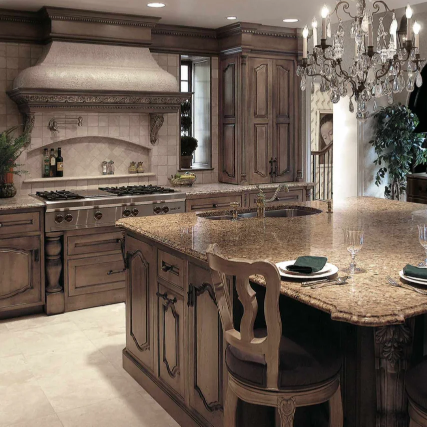European Luxury Classic Kitchen With gray Solid Wood raised-panel Cabinets Large Island Custom Kitchen Cupboard Made In China