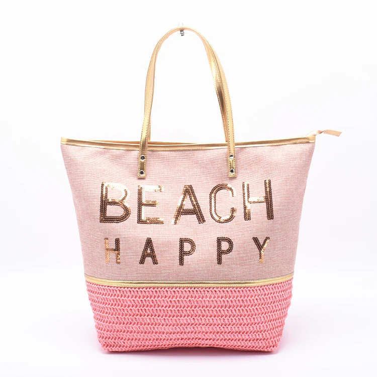 Factory fashion shopping bag linen luxury paper beach bag handbag tote shoulder woven pink embroidered beach bag