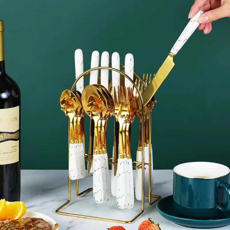 Court style 24pcs stainless steel black gold marble ceramic handle cutlery sets spoon fork with gold holder