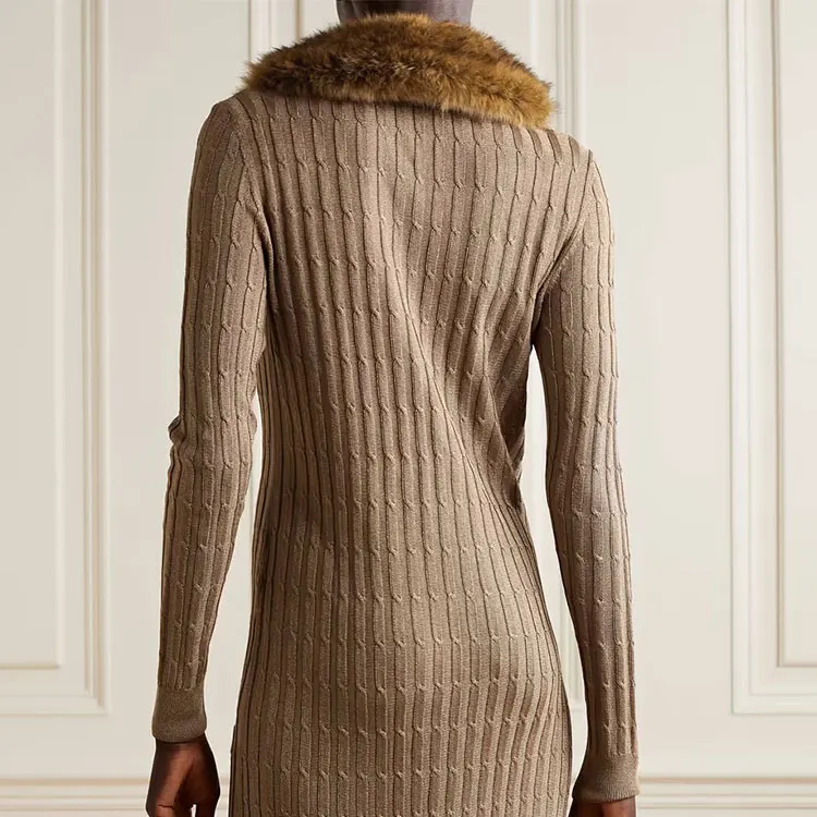 Factory Custom brown v neck single breasted french retro sexy celebrity high end luxury mature delicate knitted woman dress