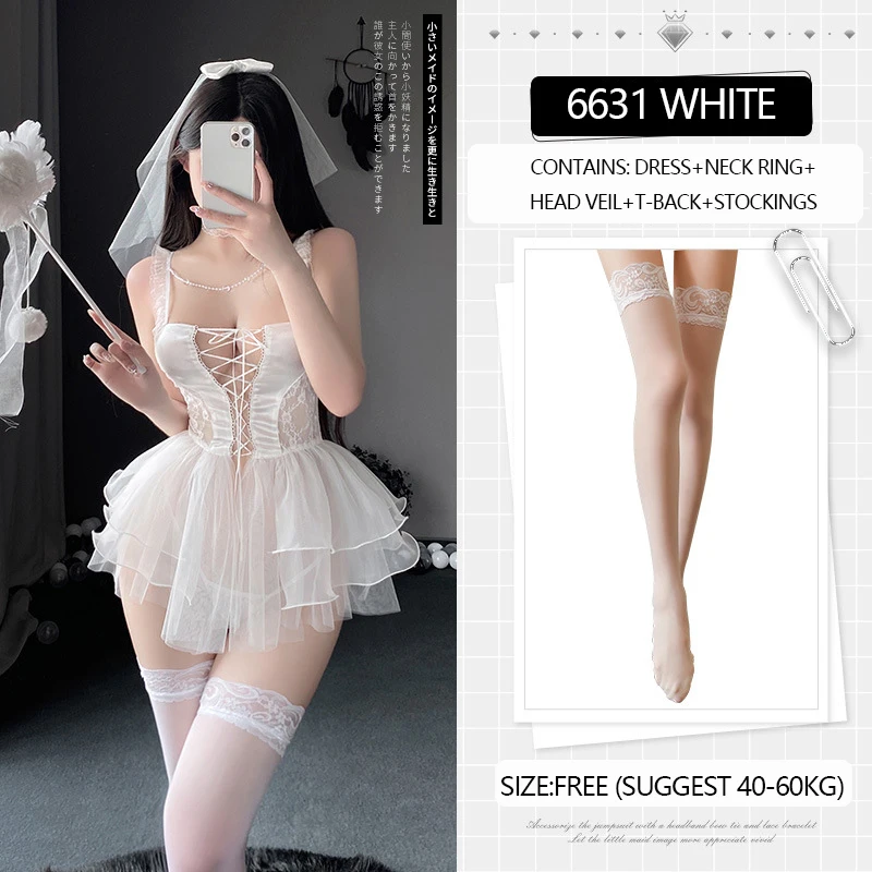Pearl chain link front strap white bridal suit wedding sexy underwear uniform women lingerie costume 6631