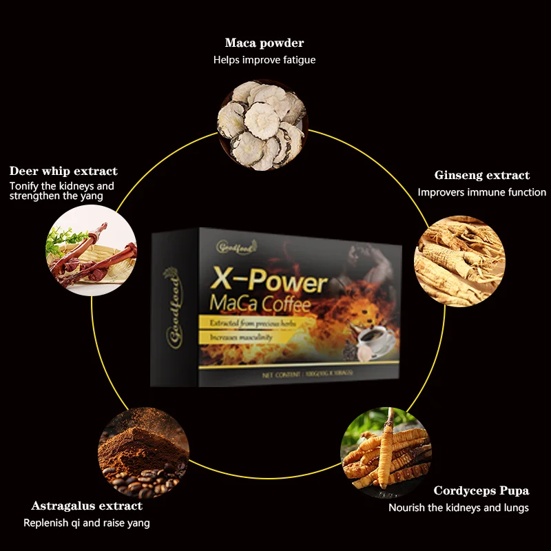 Заводская цена Горячая Распродажа X Power Coffee 100% Китайский травяной мужской энергии предотвращает преждевременную эякуляцию Maca растворимый кофе