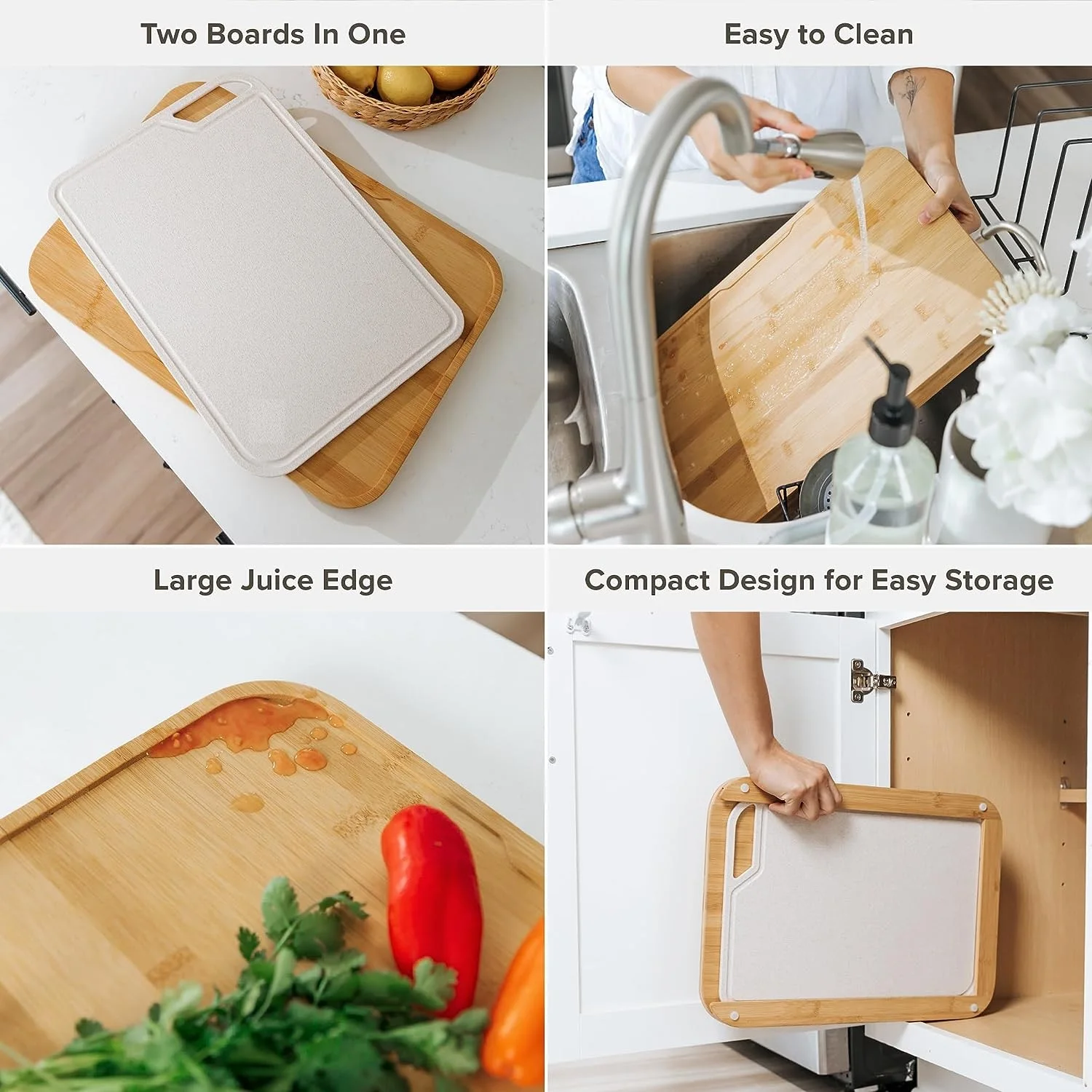 Combohome Best Selling Bamboo Chopping Cutting Board  2 Piece Kitchen Set, Non-Slip Rubber Feet with Juice Groove