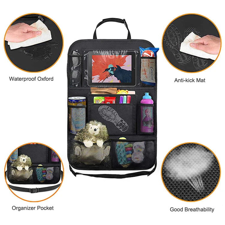 Lightweight Universal Car Backseat Headrest Organizer Bag with Touchable Tablet Holder Pocket Kids Storage Solution