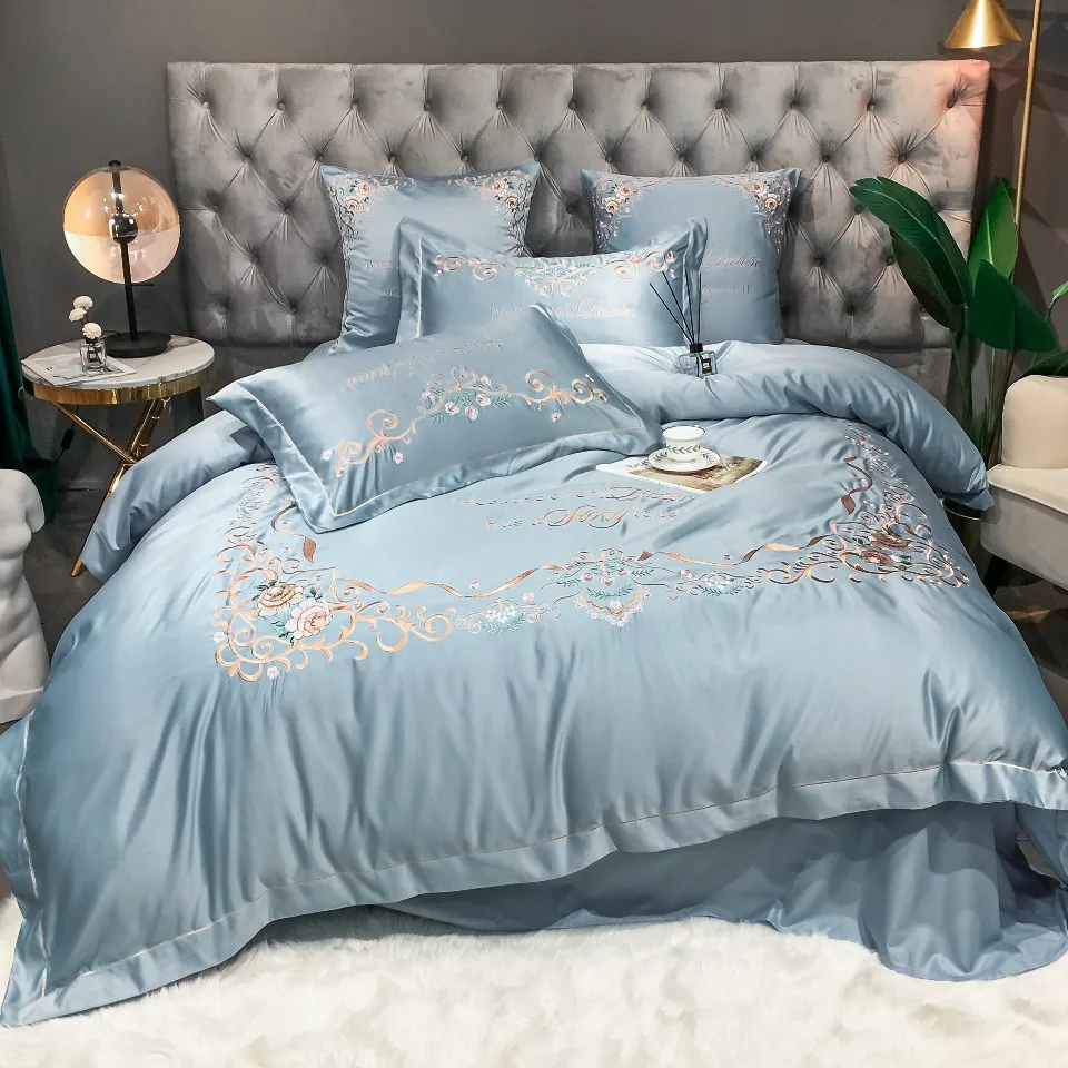 High-end Luxury European-style Pure Cotton Silk Embroidered Cotton Bedsheet Comforter Cover Bed Skirt 4pcs Bedding Set