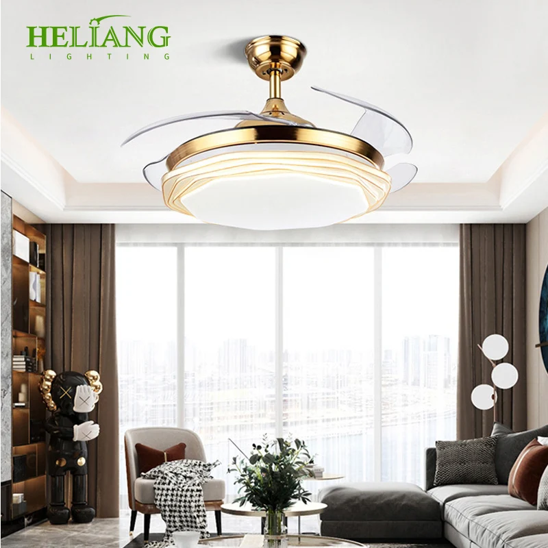 Factory sells modern acrylic gold dimmable ceiling lights with 3 blades smart remote control fan and Led lights