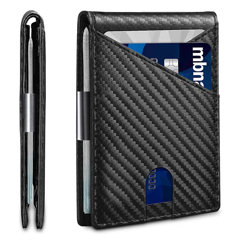 Cross border hot item men wallet top layer cowhide gift box real pickup bag money clip carbon fiber US dollar clip wallet man