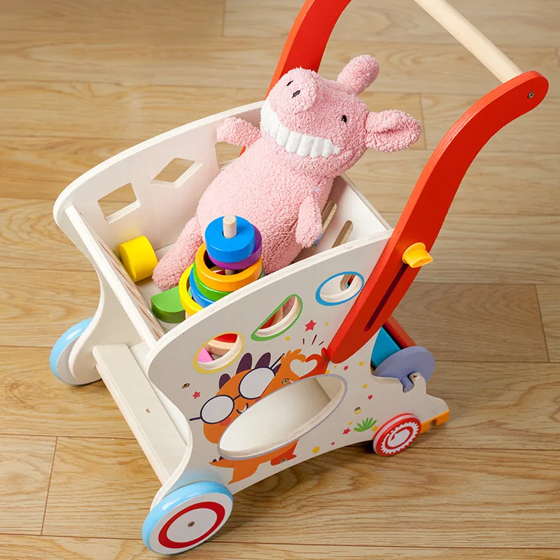 Wooden Baby Walker Push and Pull Doll Stroller Shopping Cart Learning Walker for Boys and Girls Sit Stand Toy forToddler