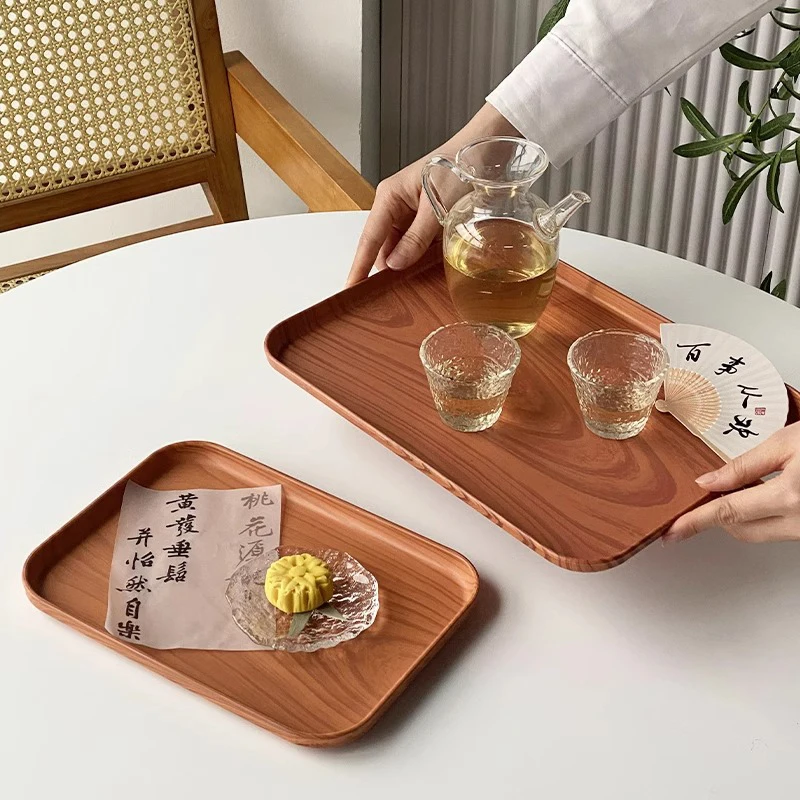 New Chinese Style Plastic Wood Grain Tea Tray Rectangle Coffee Plate Cake Serving Tray