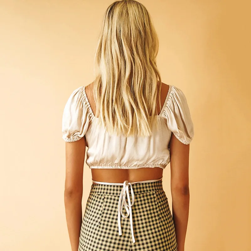 Wholesale custom 2021 summer new tube top top sexy halter street photography net red T-shirt lace-up pleated short-sleeved top