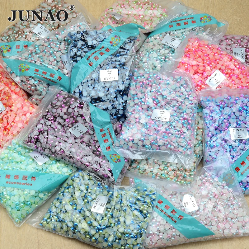 JUNAO Wholesale 3mm 4mm 6mm 10mm Flatback Imitation Pearls Colorful Pearl Beads For Wedding Dress Decoration