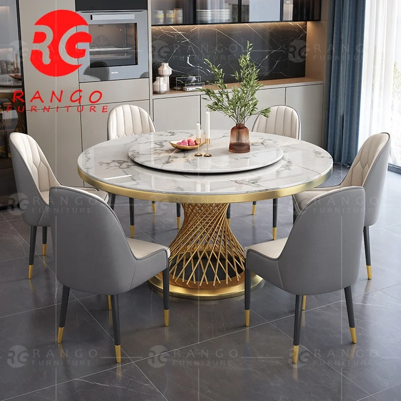 Gold and rose gold metal legs marble top kitchen table dining table round table for 6 people