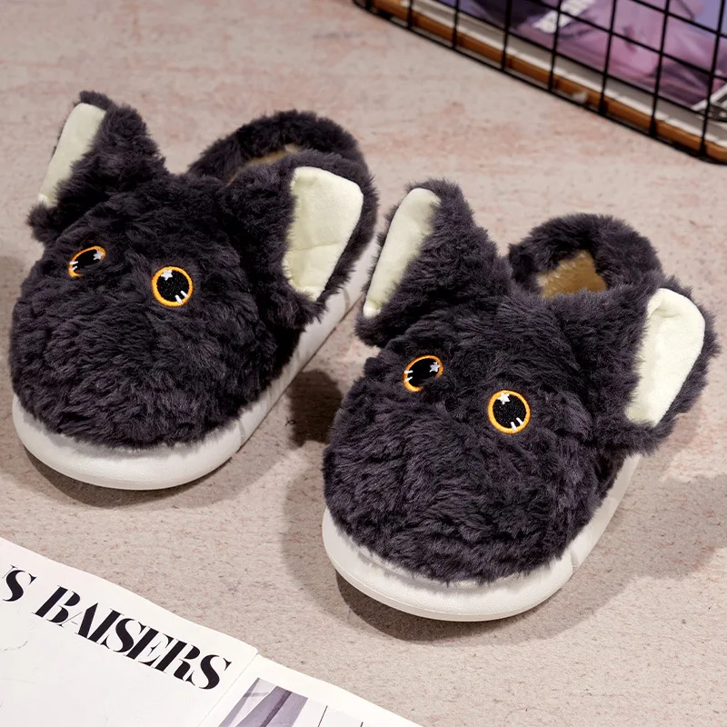 Cute white cat plush slippers black cat plush shoes winter warmer room shoes