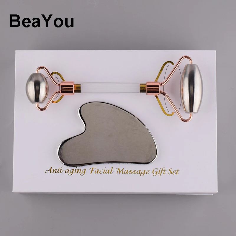 wholesale eco friendly face roller massage beauty massager scraping facial tools stainless steel metal therapy massage tools set