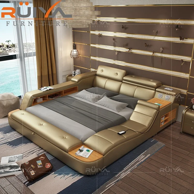 intelligent smart bed Luxury italian bedroom furniture set modern functional king size leather bed with storage